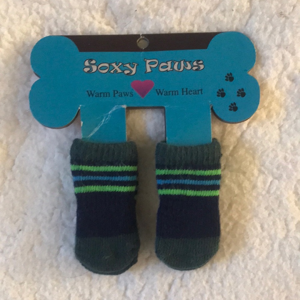 Soxy Paws | 4 Blue and Green Striped Dog Socks With Treads Size XS